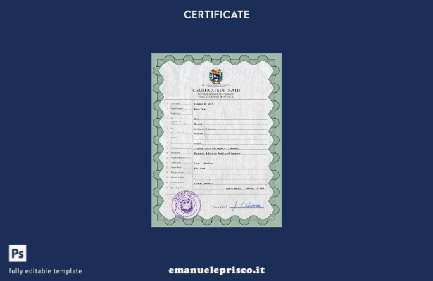 modello PSD del certificato di morte del documento di stato civile del Venezuela